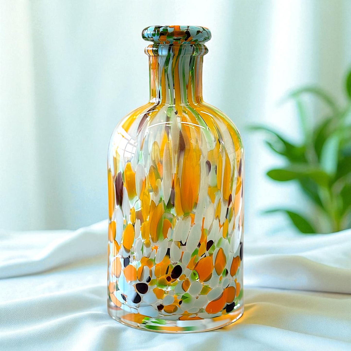 Hand-Blown Extra Large Glass Diffuser Bottle With Stopper - Orange and Turquoise Speckled Design