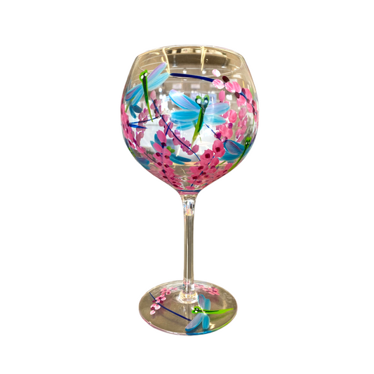 Hand Painted Glass Wine Goblet - Dragonfly