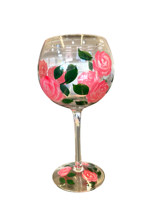 Hand Painted Glass Wine Goblet - Roses